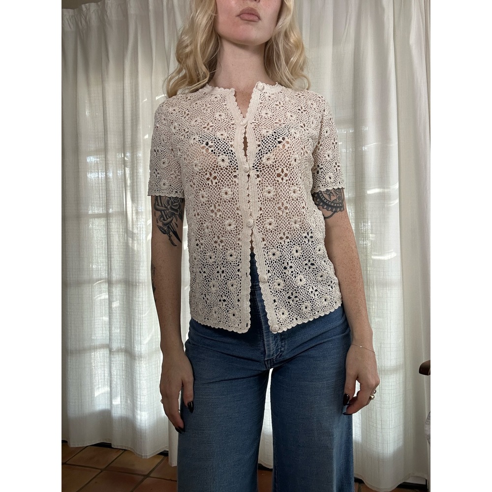 Vintage 60s crochet cardigan button up blouse
